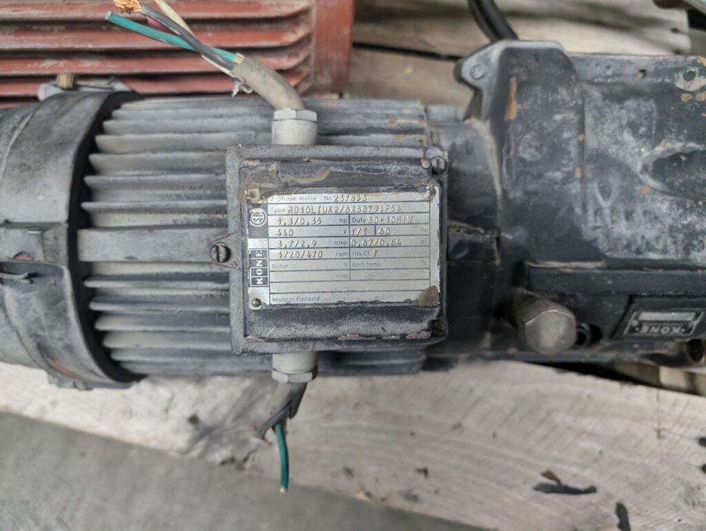 For sale Kone Trolley Motor 440 Volts Nameplate, Used in good condition.