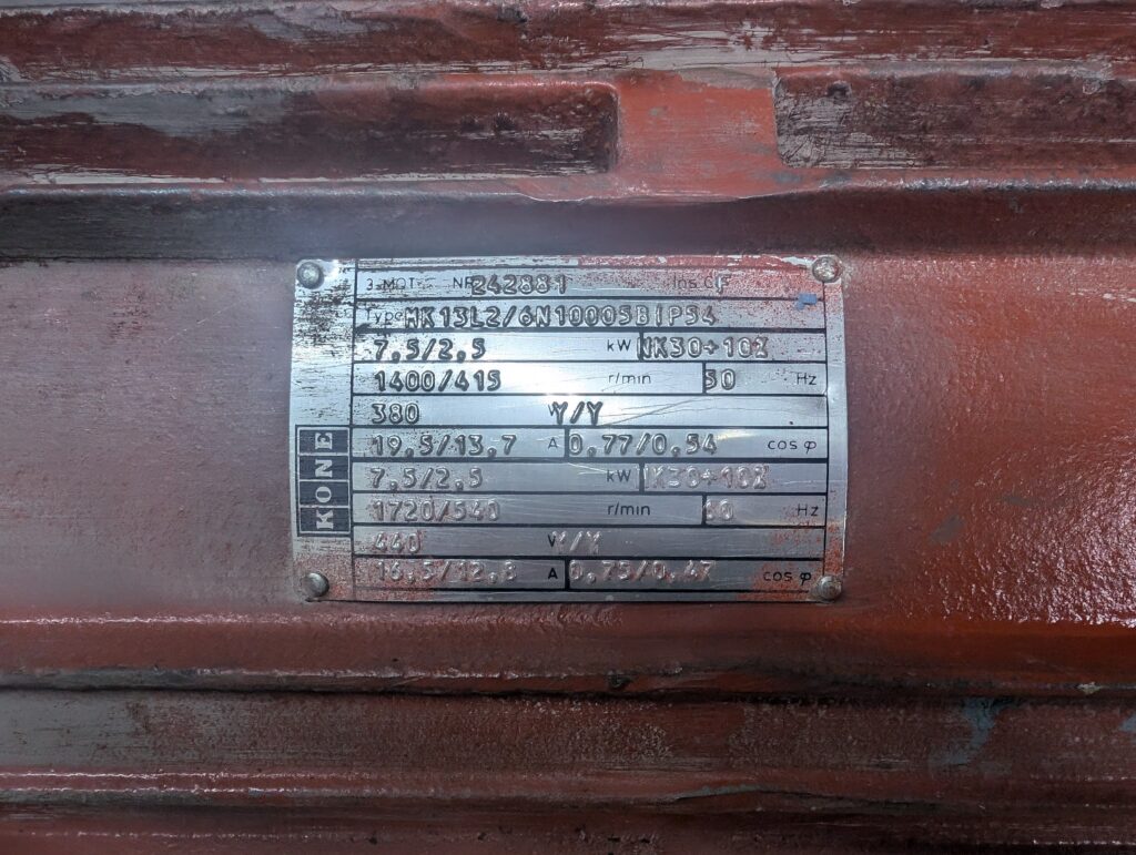 Close up of Kone UN2 Hoist Motor nameplate. Used In Good Condition 